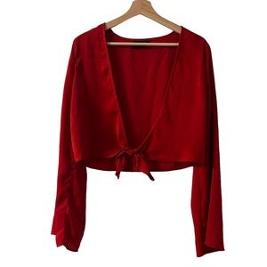Red Front Tie Satin Feel Crop Top